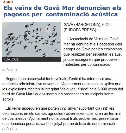 Noticia publicada por la agencia de noticias EUROPA PRESS sobre la denuncia interpuesta por la AVV de Gav Mar contra el Ayuntamiento de Gav por las explosiones que realizan los payeses cerca de Gav Mar (6 Octubre 2011)